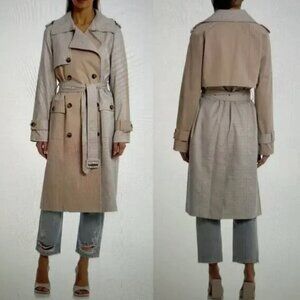 Avec Les Filles women XS color block raglan trench coat mixed media belted plaid